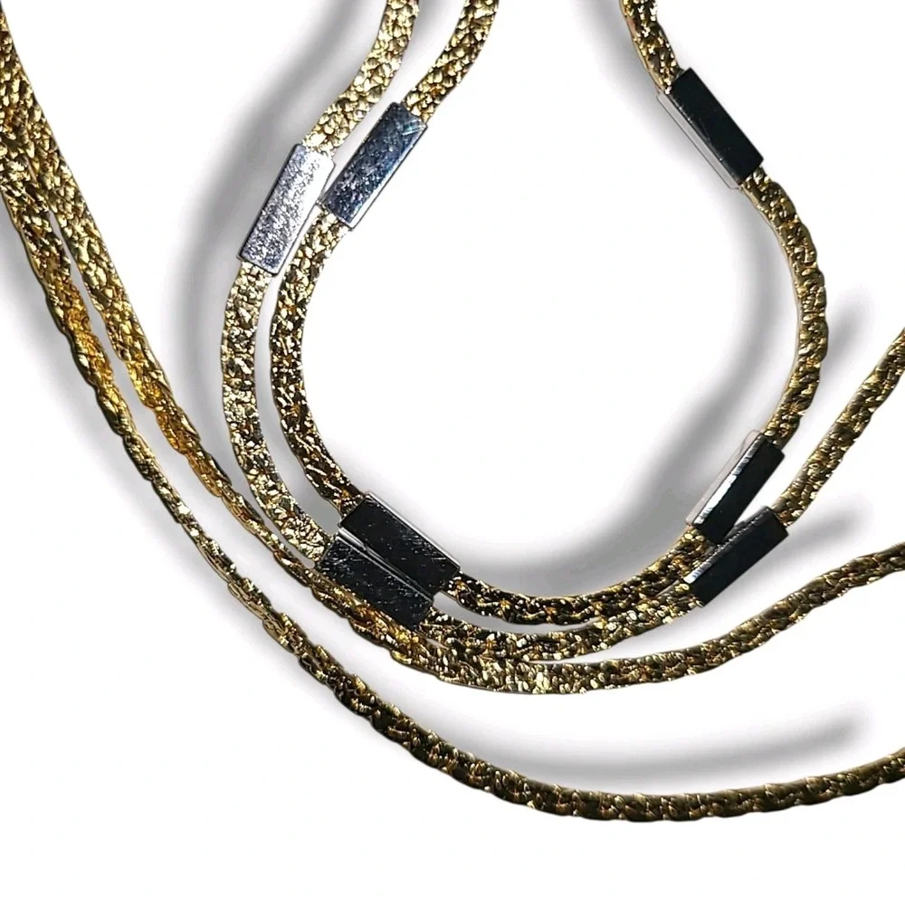 Vintage Long Gold Nugget Chain Necklace Silver Tone Station Accents 30